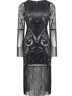 BABEYOND XL 1920s Flapper Dress Black Sequin Fringe Great Gatsby Art Deco